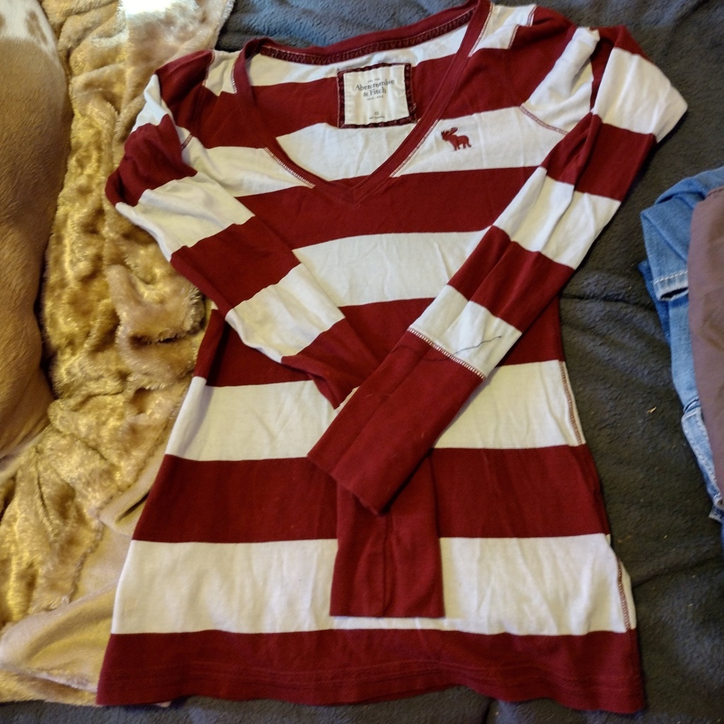 Strip Maroon And White Long Sleeve Abercrombie And Fitch Shirt